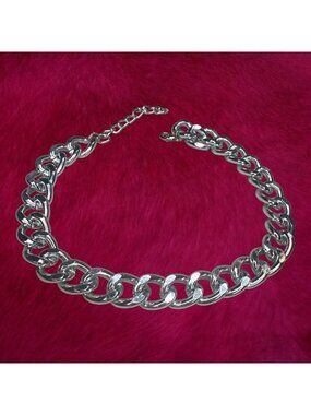 Chunky Silver Tone Curb Link Chain Necklace Choker - 16" + Extender with Adjusta